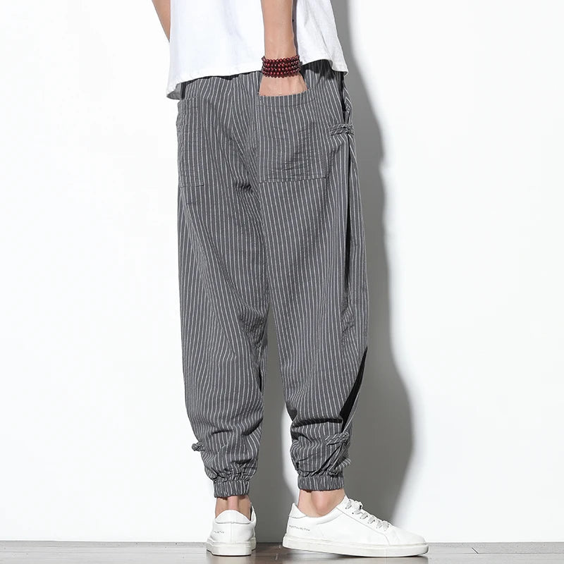 Men's Striped Harem Pants – Breathable Cotton and Linen