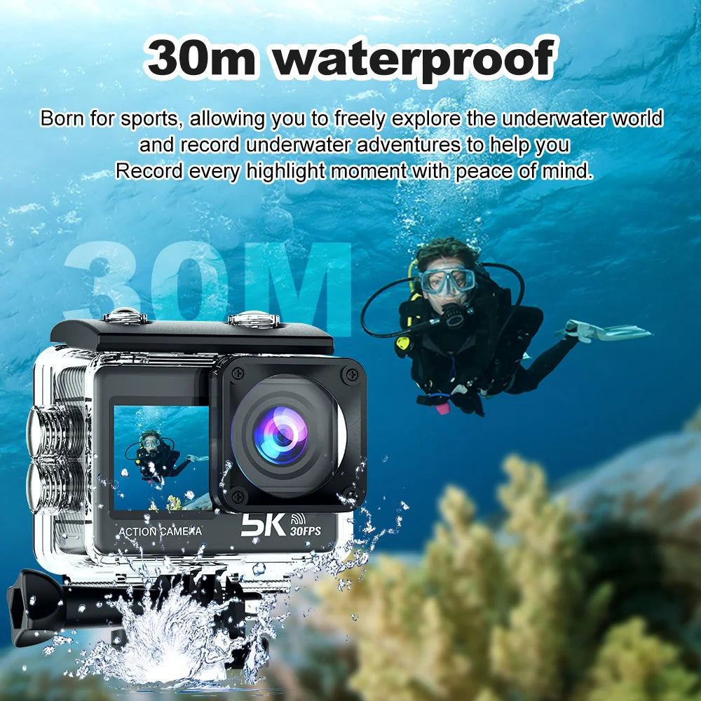 5K 4K 60 FPS EIS Wi-Fi Action Camera GoPro Style Dual Screen