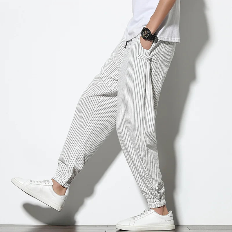 Men's Striped Harem Pants – Breathable Cotton and Linen