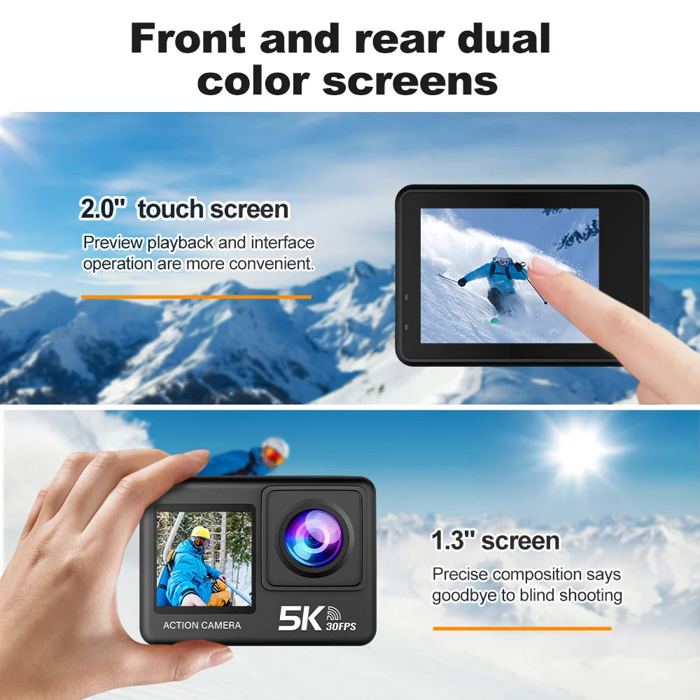 5K 4K 60 FPS EIS Wi-Fi Action Camera GoPro Style Dual Screen