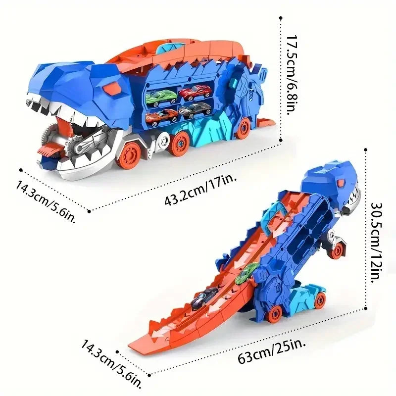 Transport truck with folding sliding race track that transforms into a standing T-rex