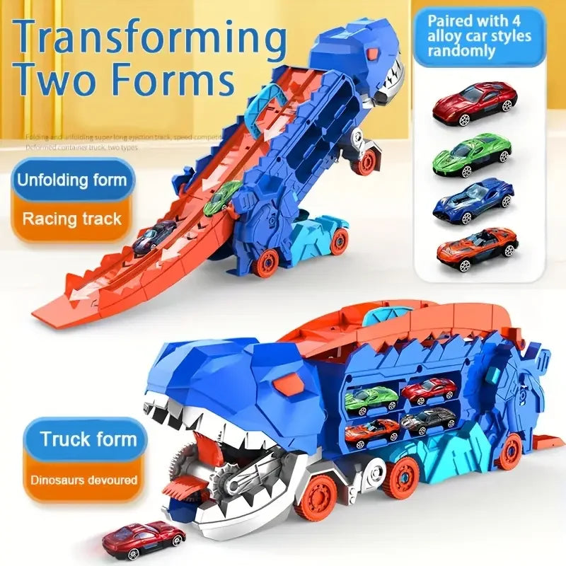 Transport truck with folding sliding race track that transforms into a standing T-rex
