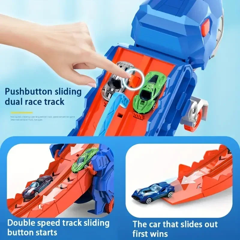 Transport truck with folding sliding race track that transforms into a standing T-rex
