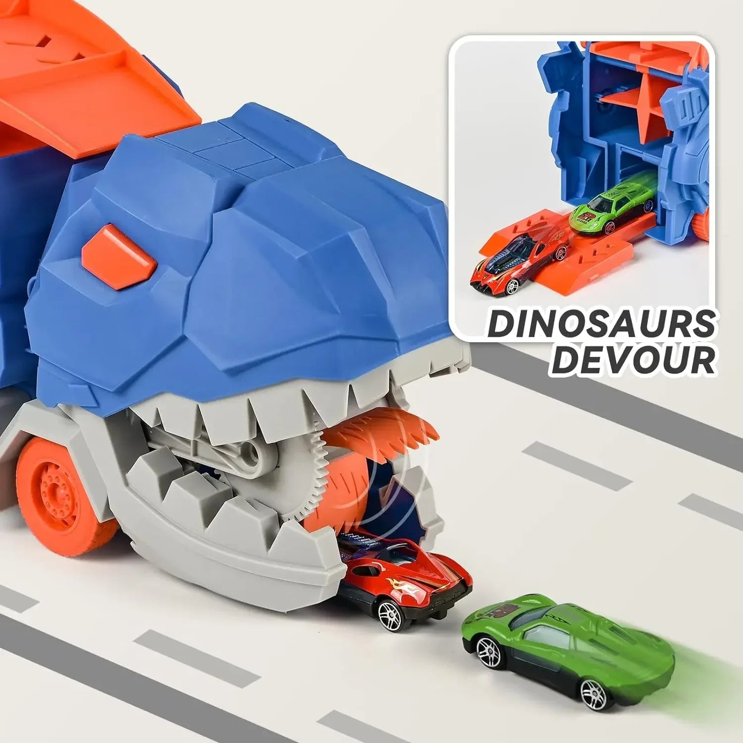 Transport truck with folding sliding race track that transforms into a standing T-rex