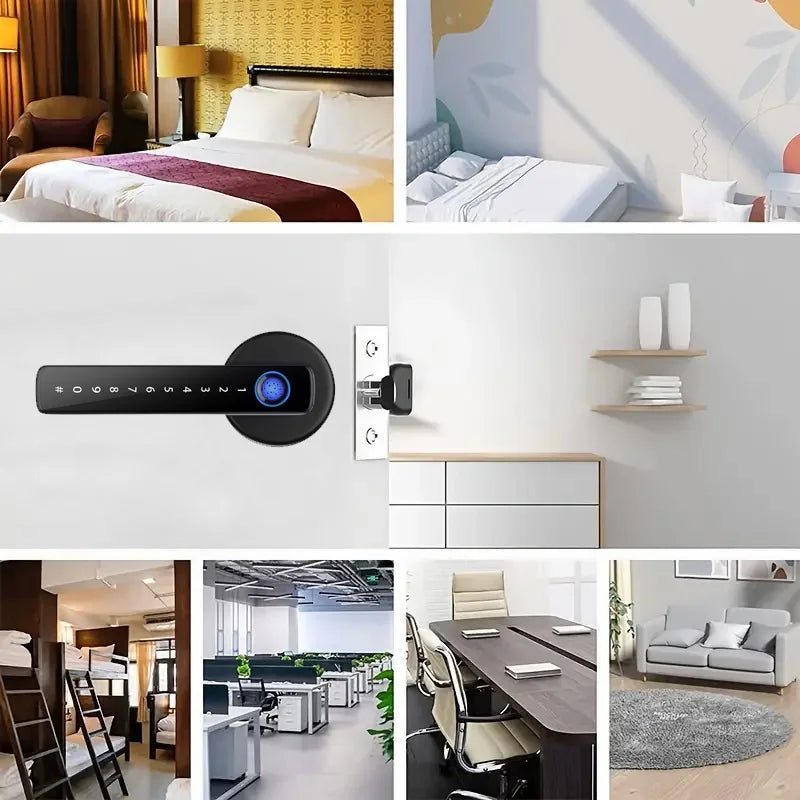 Smart door lock with fingerprint key card and handle