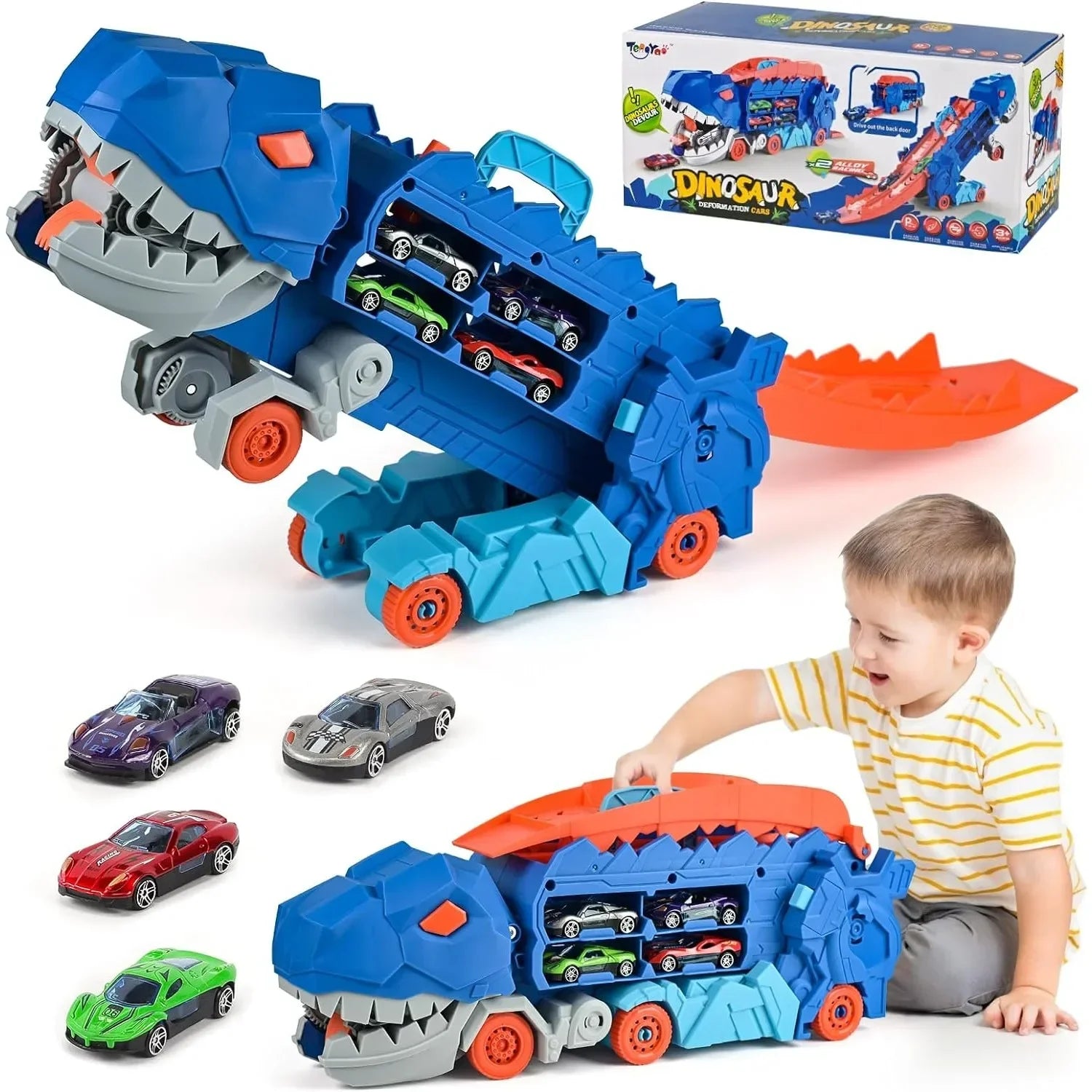 Transport truck with folding sliding race track that transforms into a standing T-rex