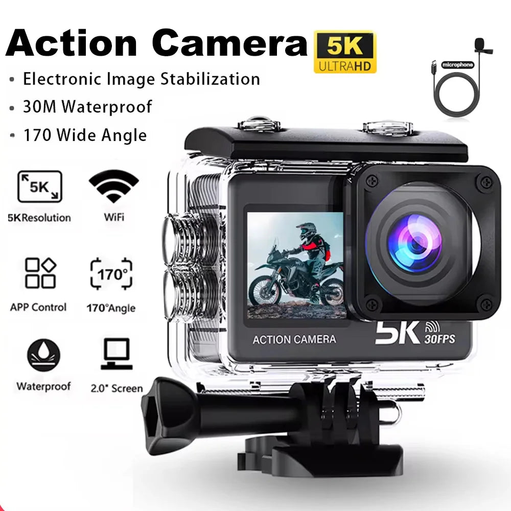 5K 4K 60 FPS EIS Wi-Fi Action Camera GoPro Style Dual Screen